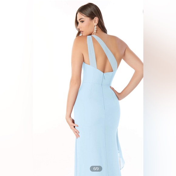 AZAZIE MAIVE Sky Blue Fitted Pleated Ruffle Chiffon Dress AMZ4 - Picture 6 of 8